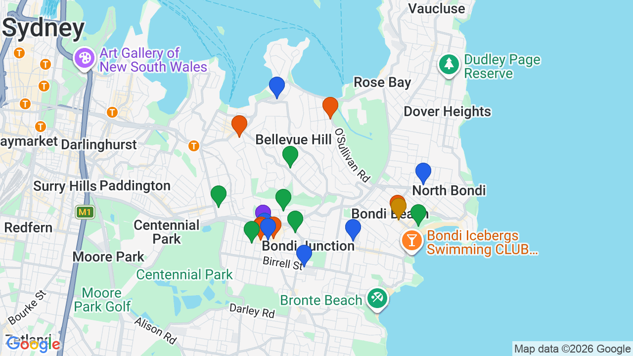 Map of Bellevue Hill showing nearby schools, parks, transport and shops