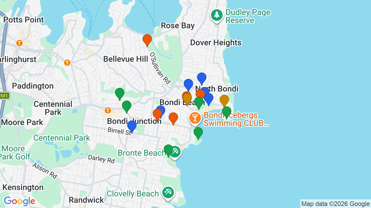 Map of Bondi Beach showing nearby schools, parks, transport and shops