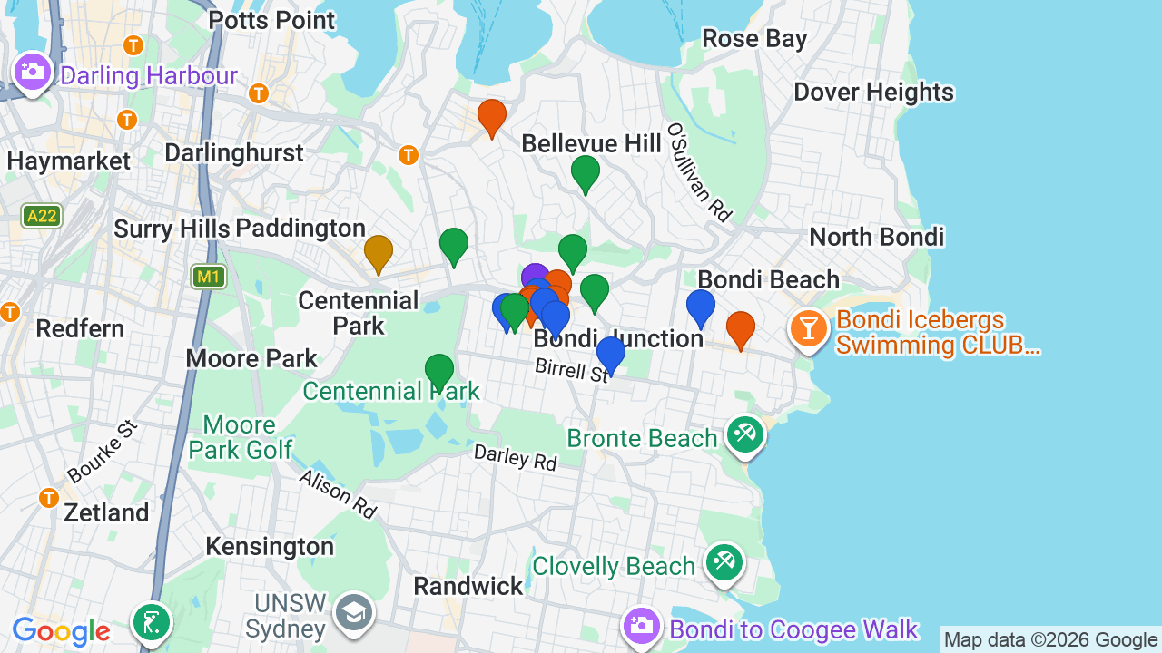 Map of Bondi Junction showing nearby schools, parks, transport and shops