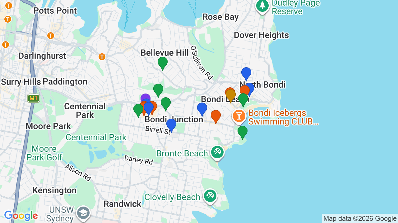 Map of Bondi showing nearby schools, parks, transport and shops