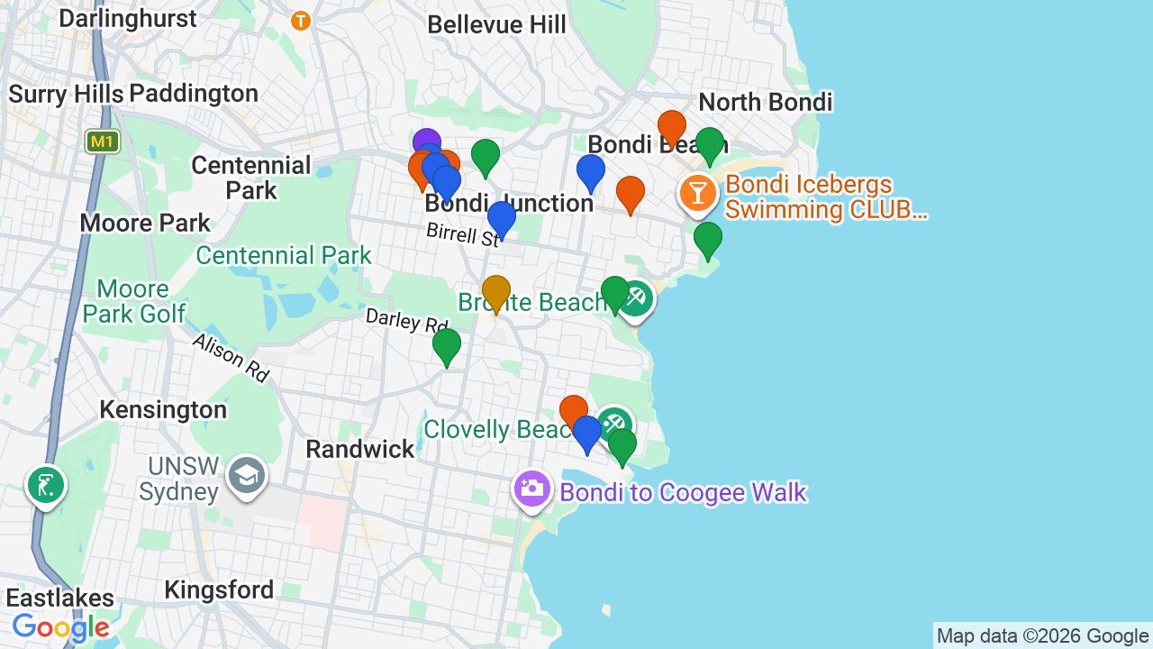 Map of Bronte showing nearby schools, parks, transport and shops