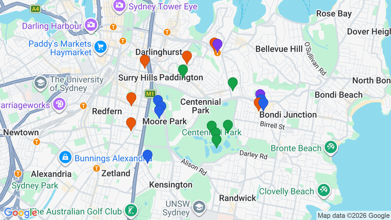 Map of Centennial Park showing nearby schools, parks, transport and shops