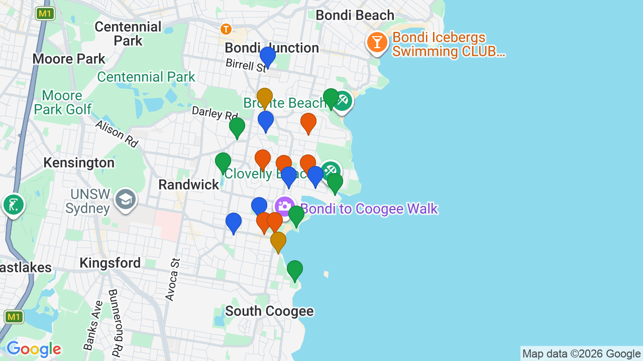 Map of Clovelly showing nearby schools, parks, transport and shops