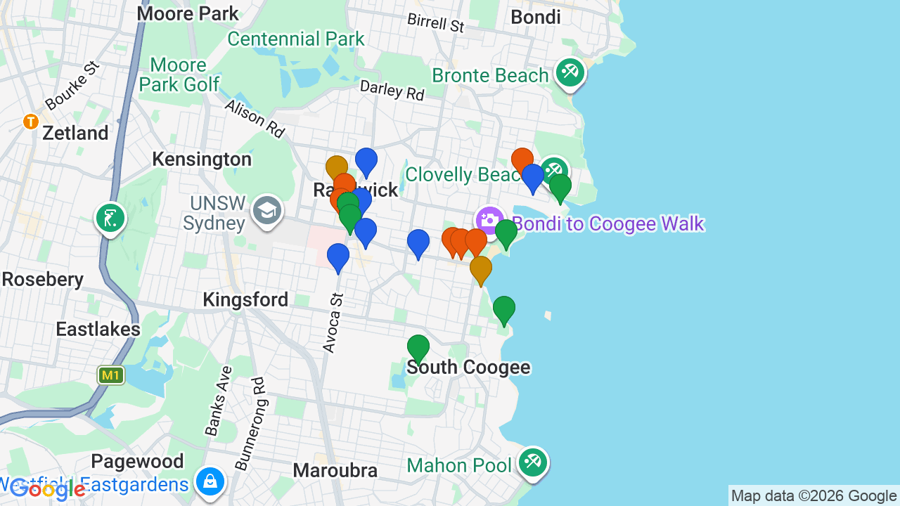 Map of Coogee showing nearby schools, parks, transport and shops