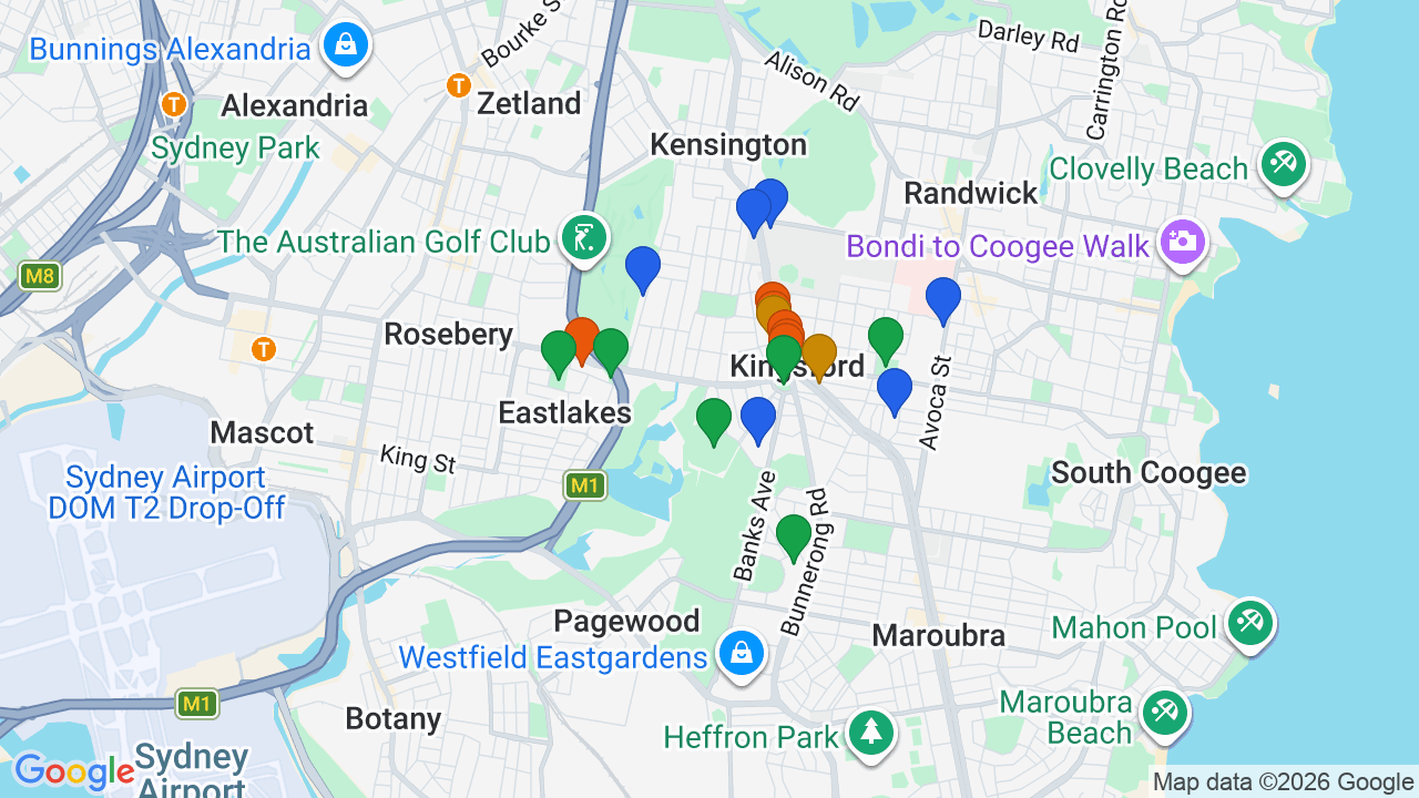 Map of Daceyville showing nearby schools, parks, transport and shops