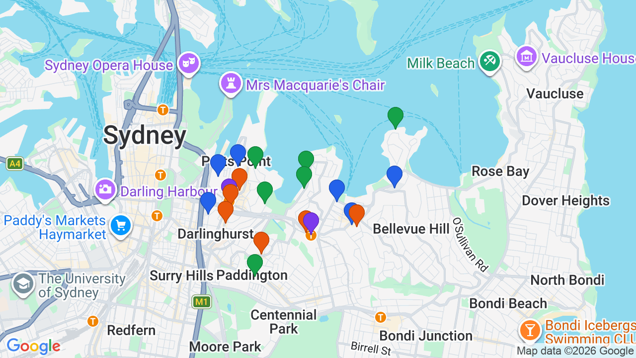 Map of Darling Point showing nearby schools, parks, transport and shops