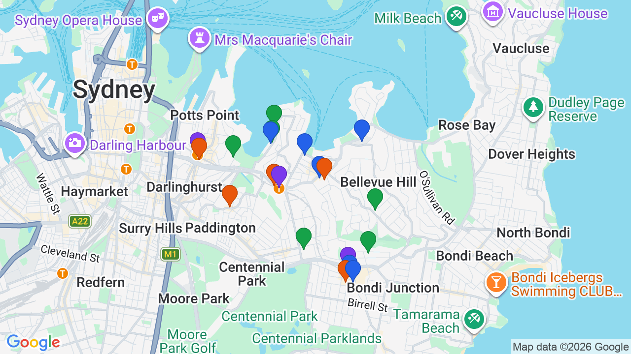 Map of Double Bay showing nearby schools, parks, transport and shops