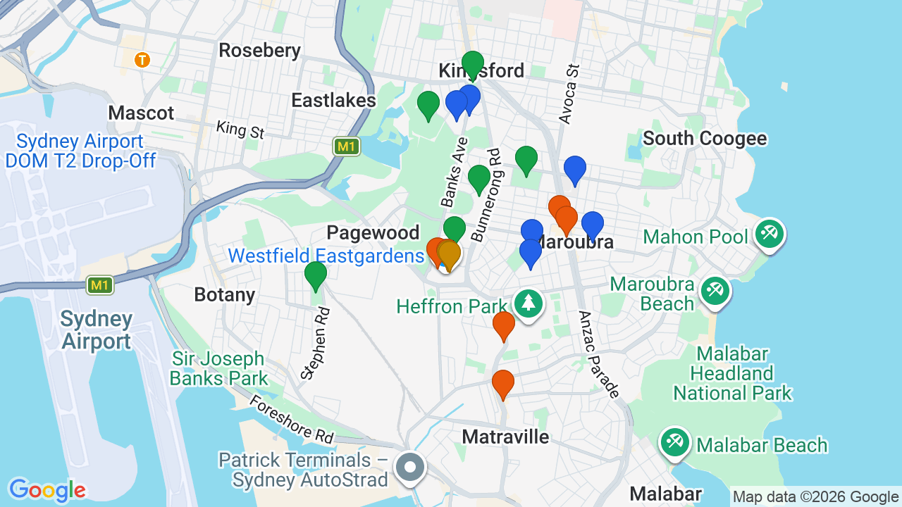 Map of Eastgardens showing nearby schools, parks, transport and shops