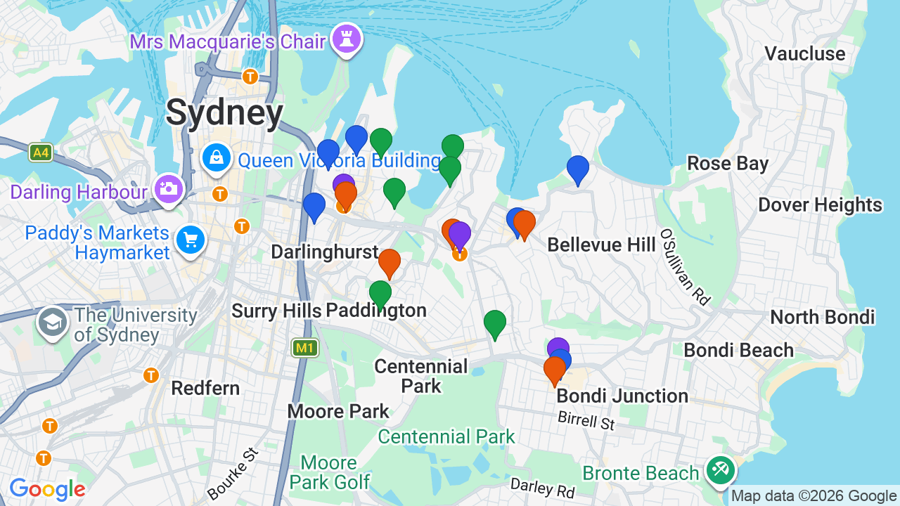 Map of Edgecliff showing nearby schools, parks, transport and shops