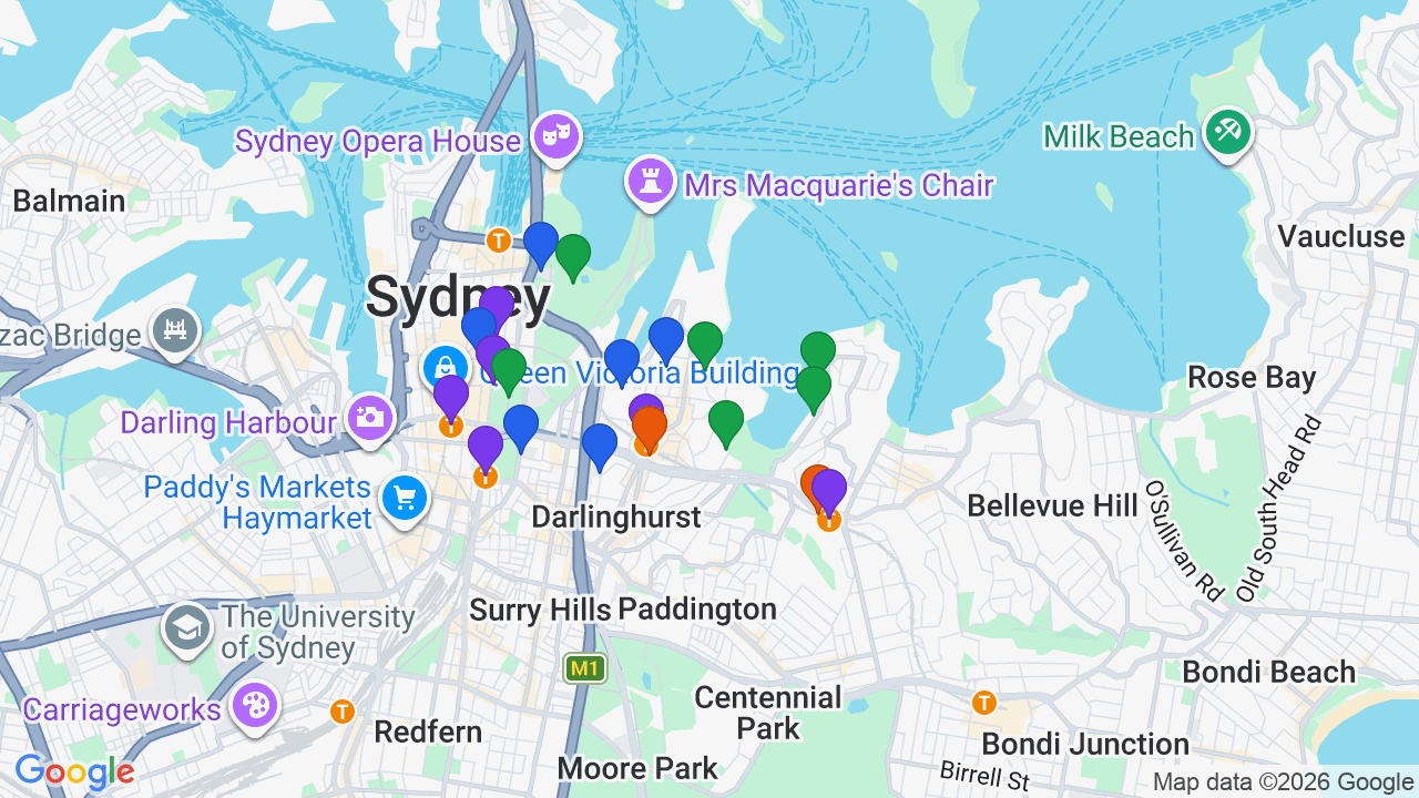 Map of Elizabeth Bay showing nearby schools, parks, transport and shops