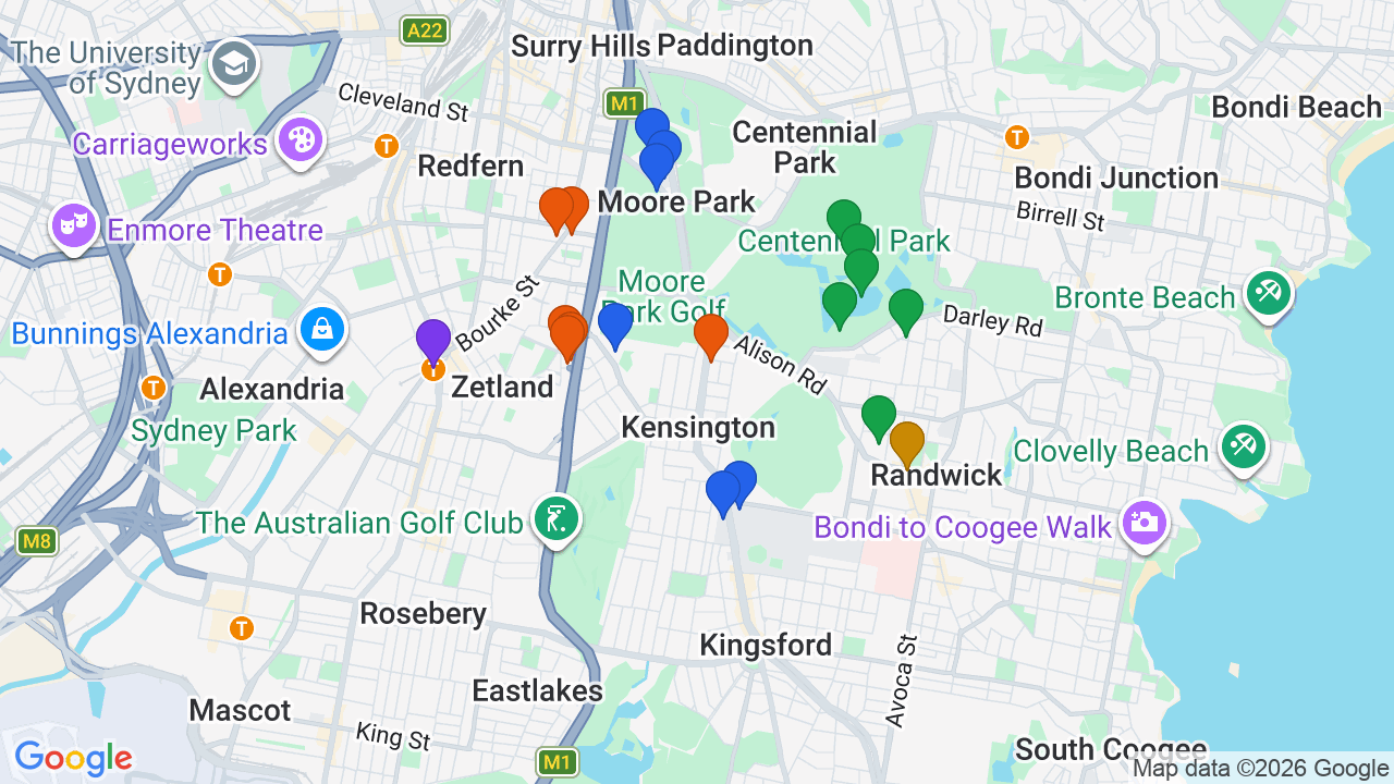 Map of Kensington showing nearby schools, parks, transport and shops