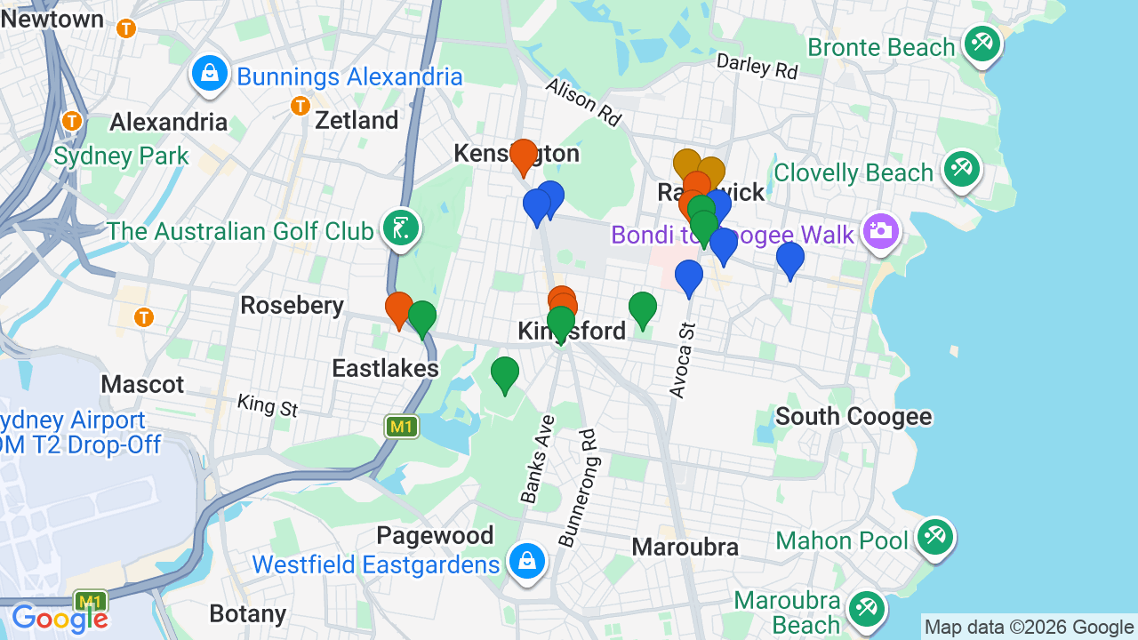 Map of Kingsford showing nearby schools, parks, transport and shops