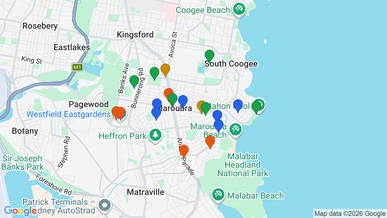 Map of Maroubra showing nearby schools, parks, transport and shops