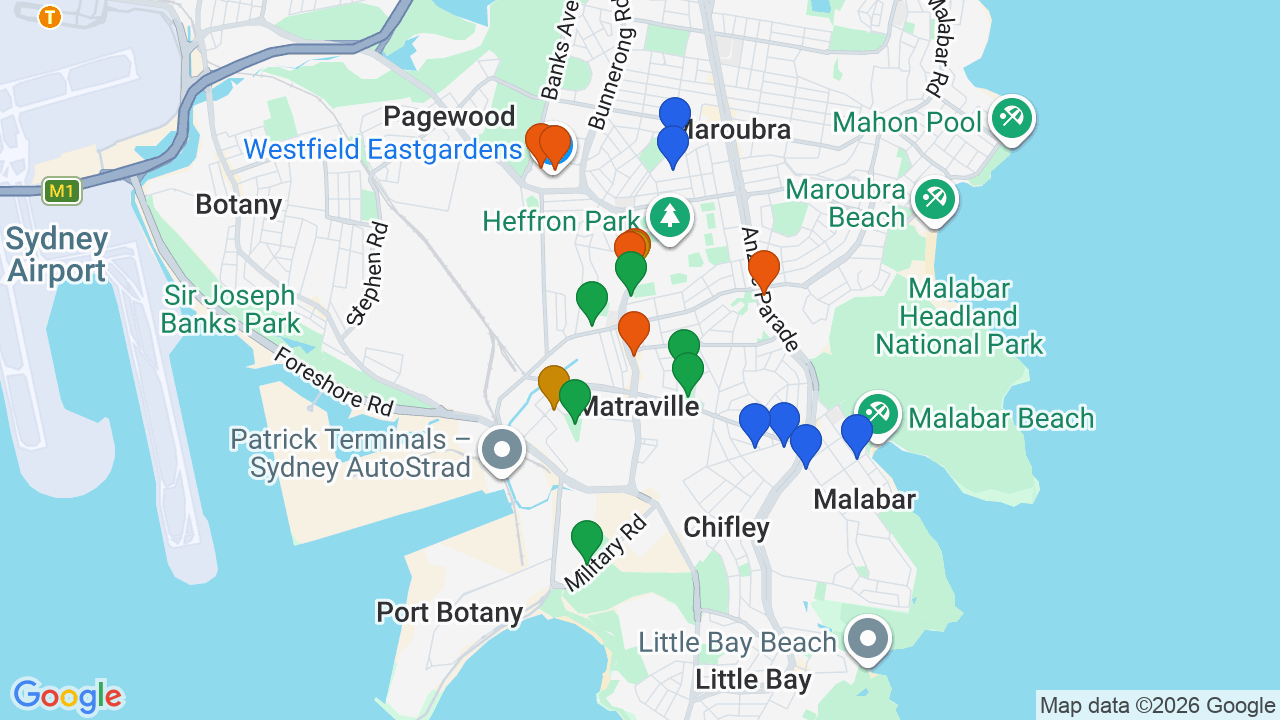 Map of Matraville showing nearby schools, parks, transport and shops