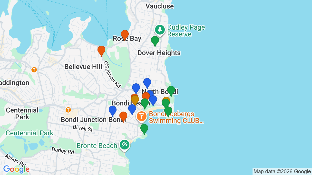 Map of North Bondi showing nearby schools, parks, transport and shops