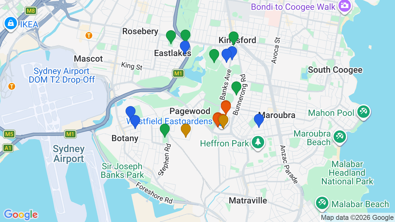 Map of Pagewood showing nearby schools, parks, transport and shops
