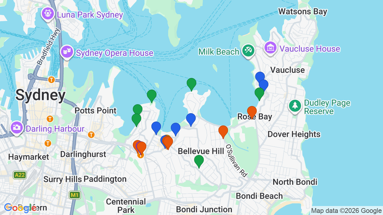 Map of Point Piper showing nearby schools, parks, transport and shops