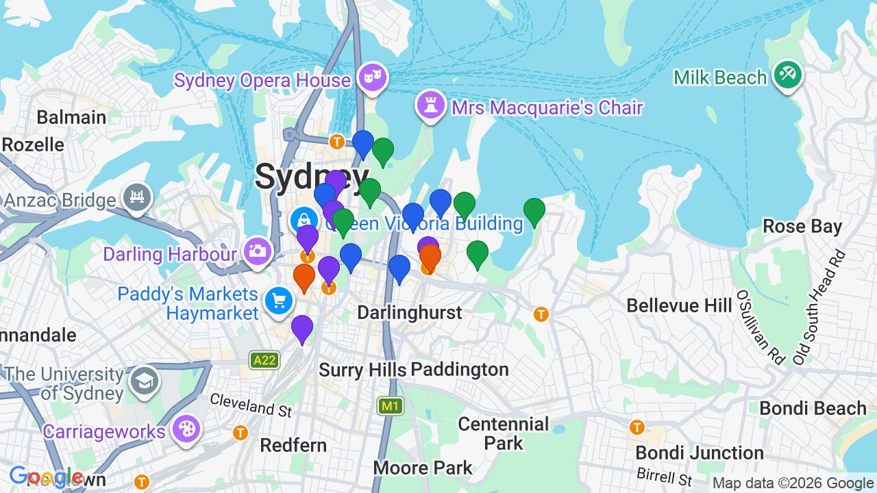 Map of Potts Point showing nearby schools, parks, transport and shops