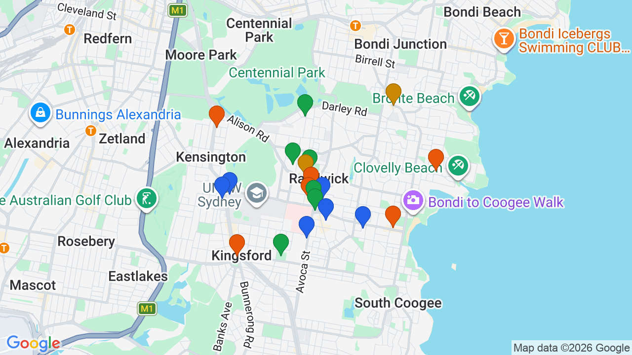 Map of Randwick showing nearby schools, parks, transport and shops