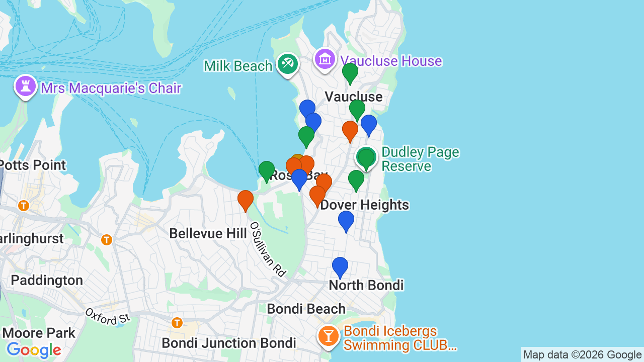 Map of Rose Bay showing nearby schools, parks, transport and shops