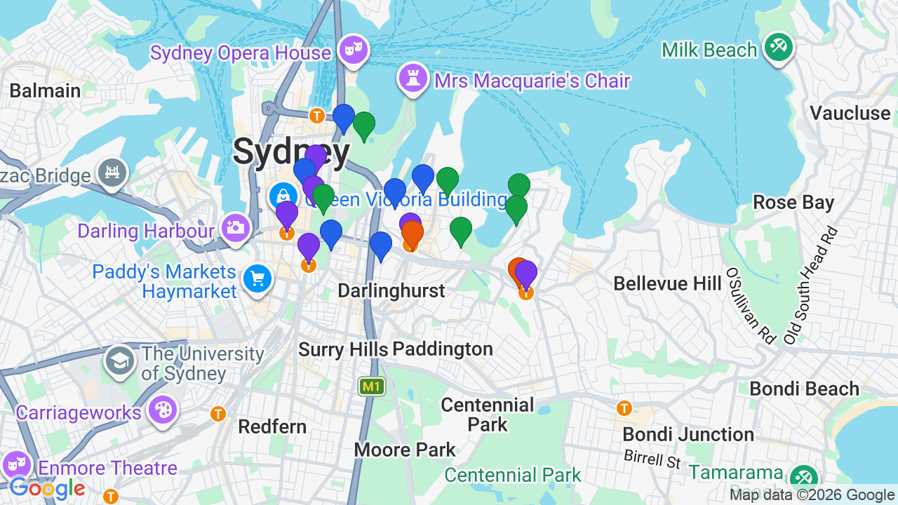 Map of Rushcutters Bay showing nearby schools, parks, transport and shops