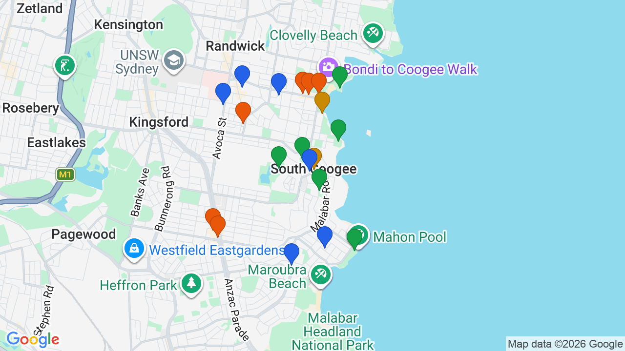 Map of South Coogee showing nearby schools, parks, transport and shops