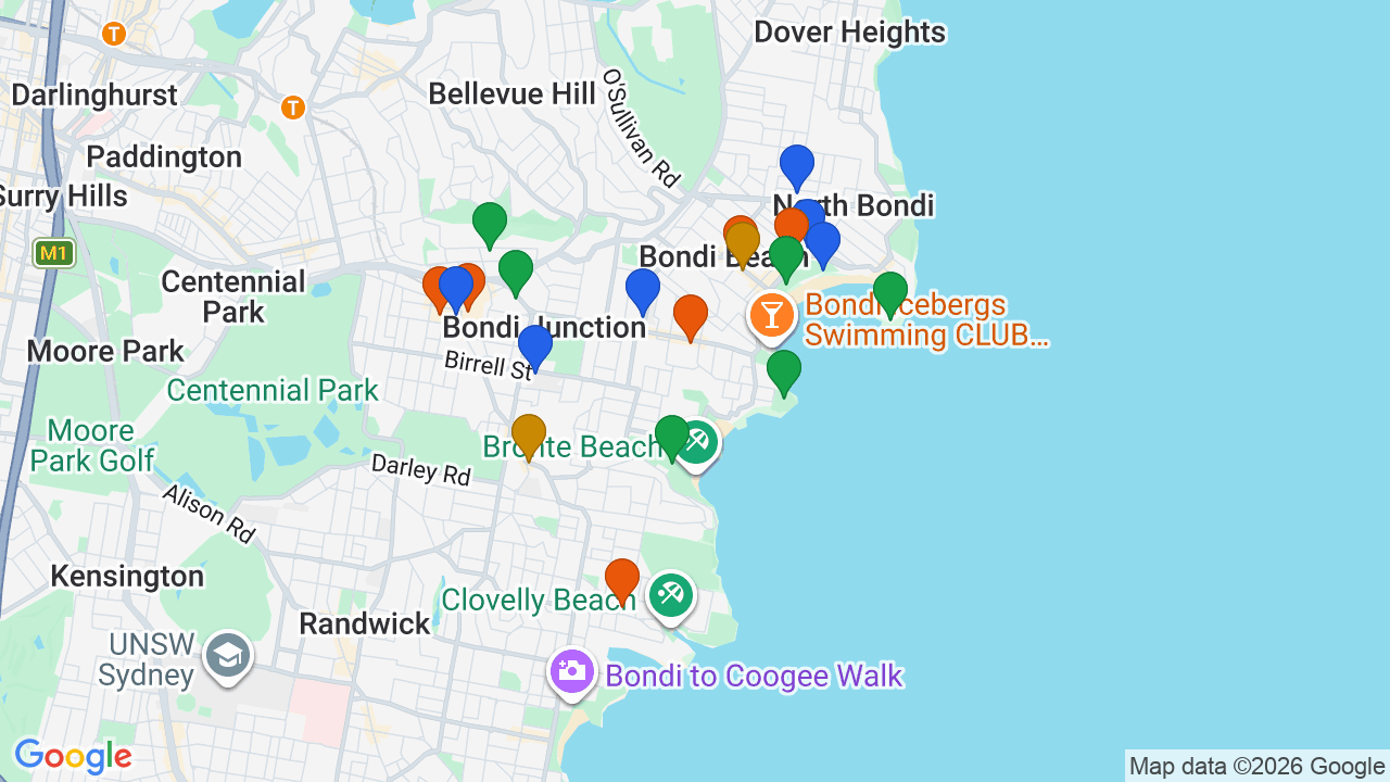 Map of Tamarama showing nearby schools, parks, transport and shops