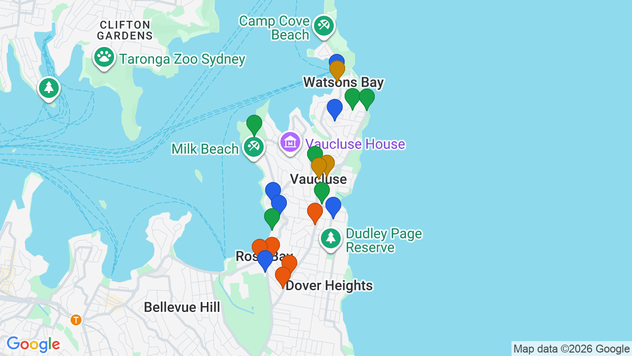 Map of Vaucluse showing nearby schools, parks, transport and shops