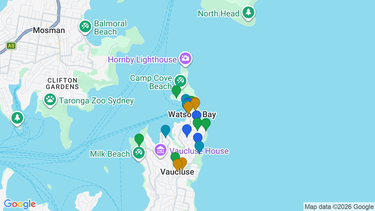 Map of Watsons Bay showing nearby schools, parks, transport and shops