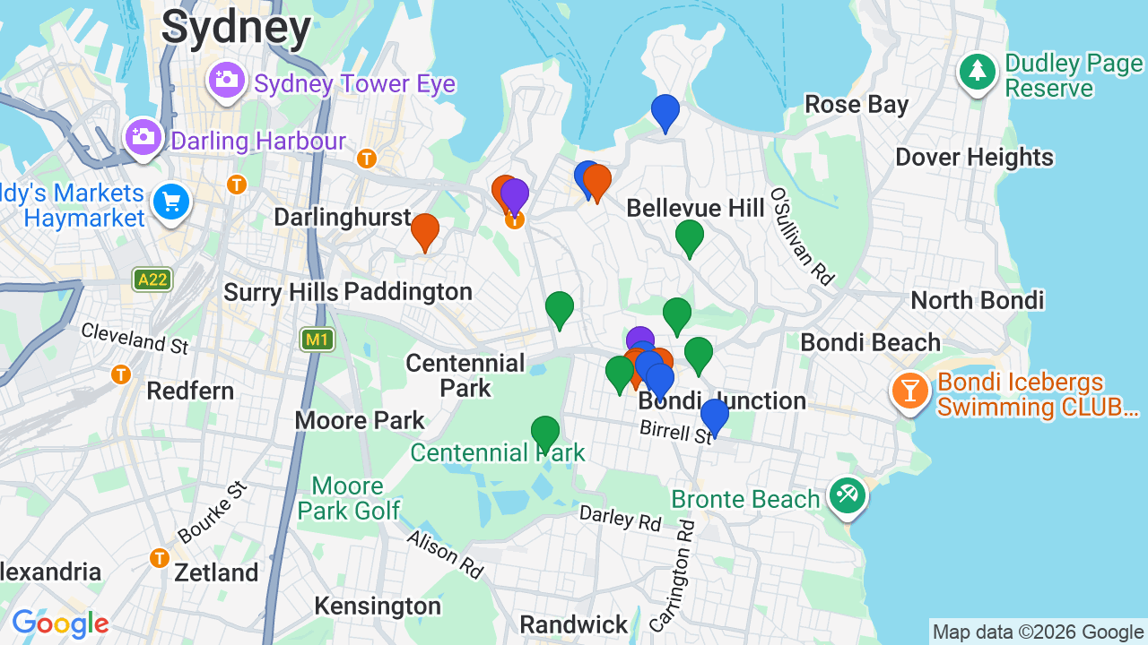 Map of Woollahra showing nearby schools, parks, transport and shops
