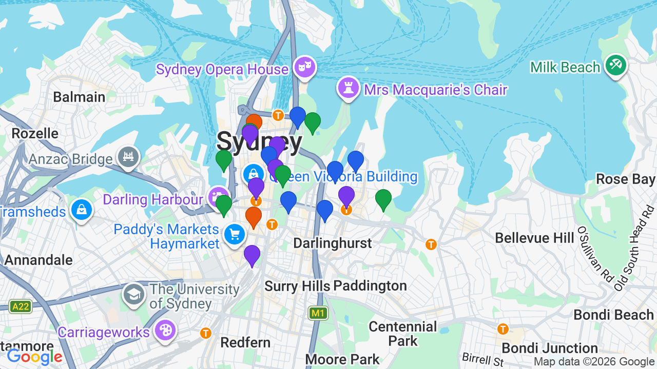 Map of Woolloomooloo showing nearby schools, parks, transport and shops